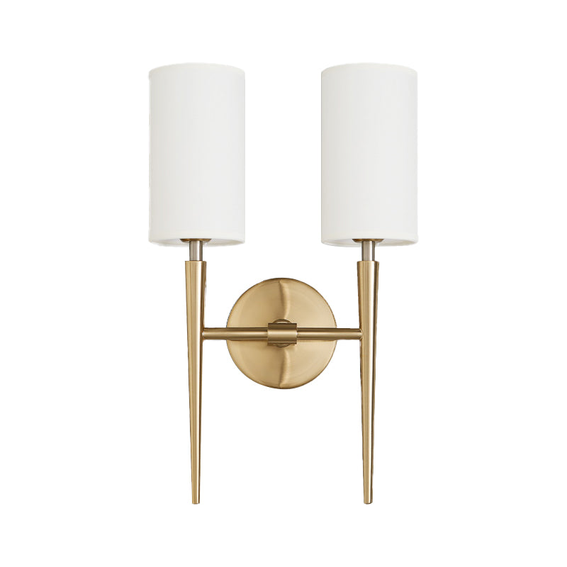 Metal Brass Wall Lamp Symmetric Cylinder 2-Light Modern Wall Mount Light Fixture with Fabric Shade for Bedroom
