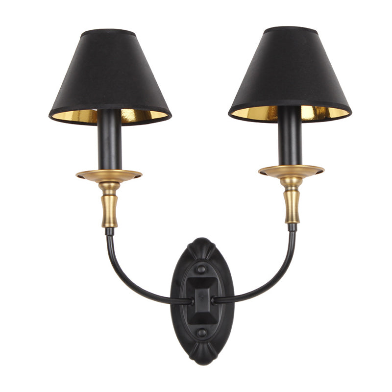 Tapered Living Room Wall Light Sconce Vintage Style Fabric 1/2 Lights Black Wall Mount Lighting with Swooping Arm