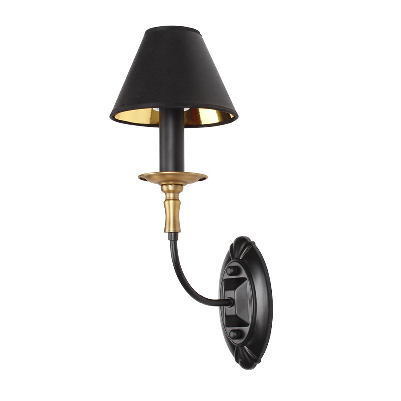 Tapered Living Room Wall Light Sconce Vintage Style Fabric 1/2 Lights Black Wall Mount Lighting with Swooping Arm