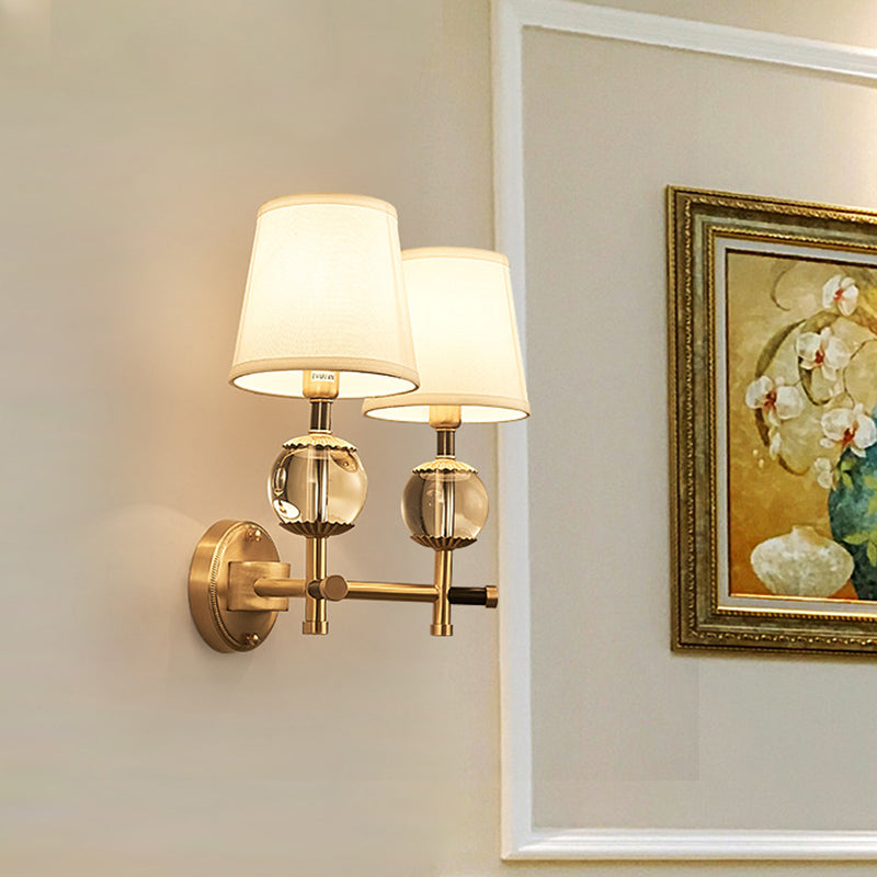 Gold Conical Wall Mounted Light Traditional White Fabric 1/2 Heads Entry Wall Sconce with Crystal Ball