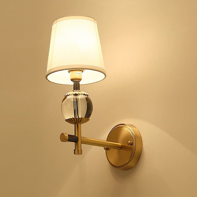 Gold Conical Wall Mounted Light Traditional White Fabric 1/2 Heads Entry Wall Sconce with Crystal Ball