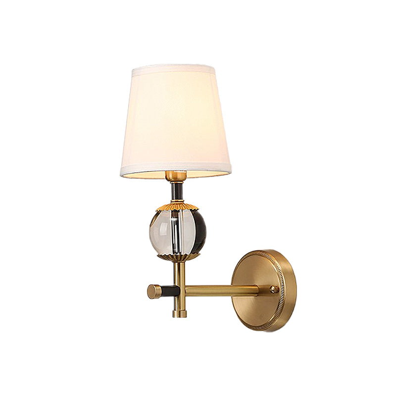 Gold Conical Wall Mounted Light Traditional White Fabric 1/2 Heads Entry Wall Sconce with Crystal Ball