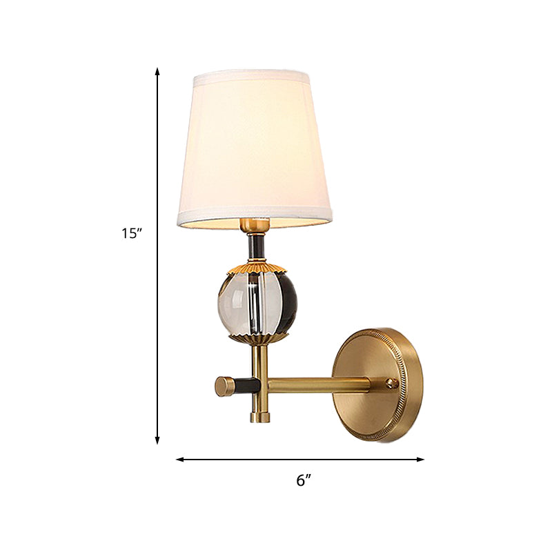 Gold Conical Wall Mounted Light Traditional White Fabric 1/2 Heads Entry Wall Sconce with Crystal Ball
