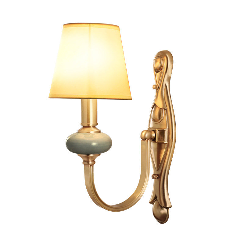 Fabric Brass Wall Sconce Tapered Shade 1 Light Vintage Wall Mount Light Fixture for Living Room