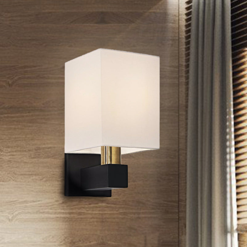 Minimalist Rectangle Wall Light Single Bulb White Fabric Shade Wall Sconce Lighting with Clean-Lined Arm