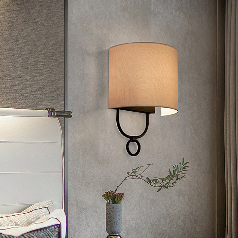 Traditional Half-Cylinder Wall Light 1 Head White Fabric Shade Wall Sconce Lighting for Bedroom