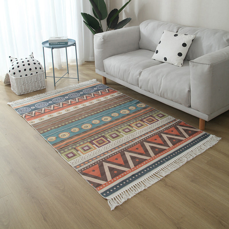 Eclectic Living Room Rug Multi Colored Geometric Printed Indoor Rug Jute Non-Slip Backing Easy Care Area Carpet with Tassel