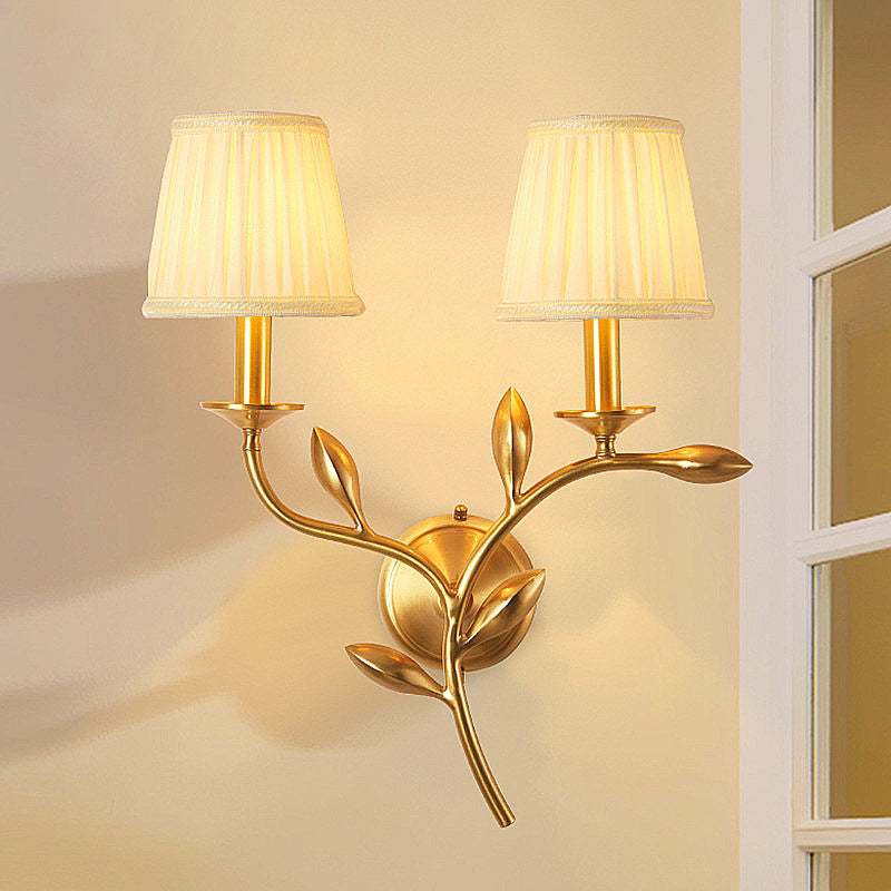 Brass Pleated Shade Wall Lamp American Rustic Fabric 1/2-Bulb Living Room Wall Light Sconce