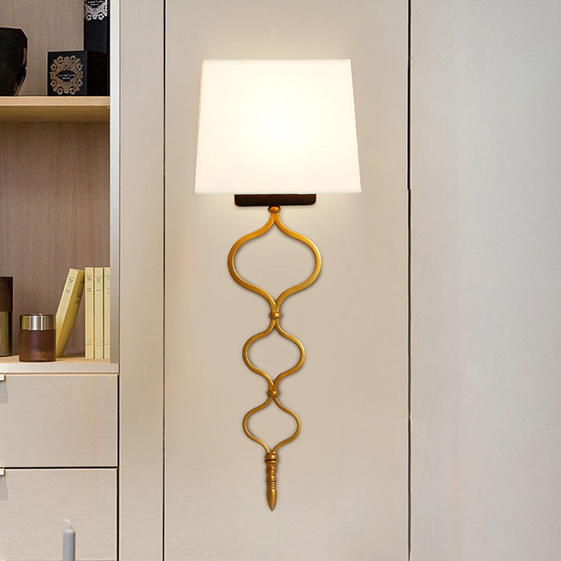 Flat Metal Sconce Lighting Rustic 1-Light Living Room Wall Mounted Lamp in White with Fabric Shade