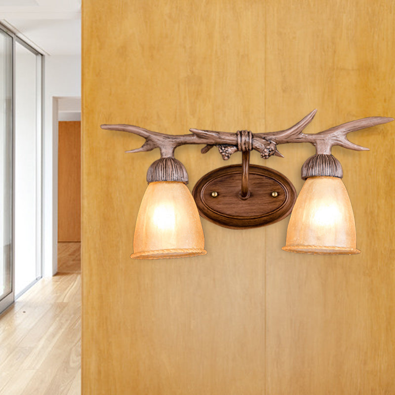 Dark Wood Cone Wall Lighting Rustic Resin and Glass 2-Light Corridor Sconce Lamp with Antler Deco