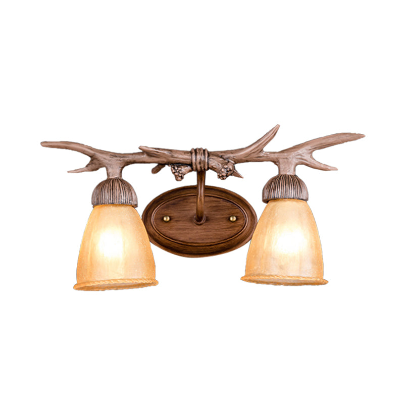 Dark Wood Cone Wall Lighting Rustic Resin and Glass 2-Light Corridor Sconce Lamp with Antler Deco