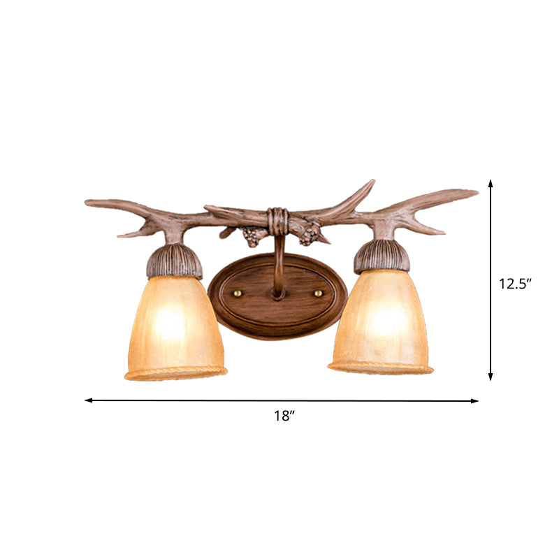 Dark Wood Cone Wall Lighting Rustic Resin and Glass 2-Light Corridor Sconce Lamp with Antler Deco