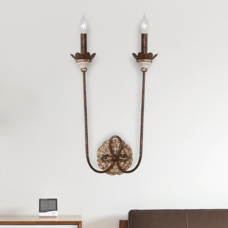 Rust Wall Lighting Country Style Metal 2-Light Dining Room Sconce Lamp with Flower Deco