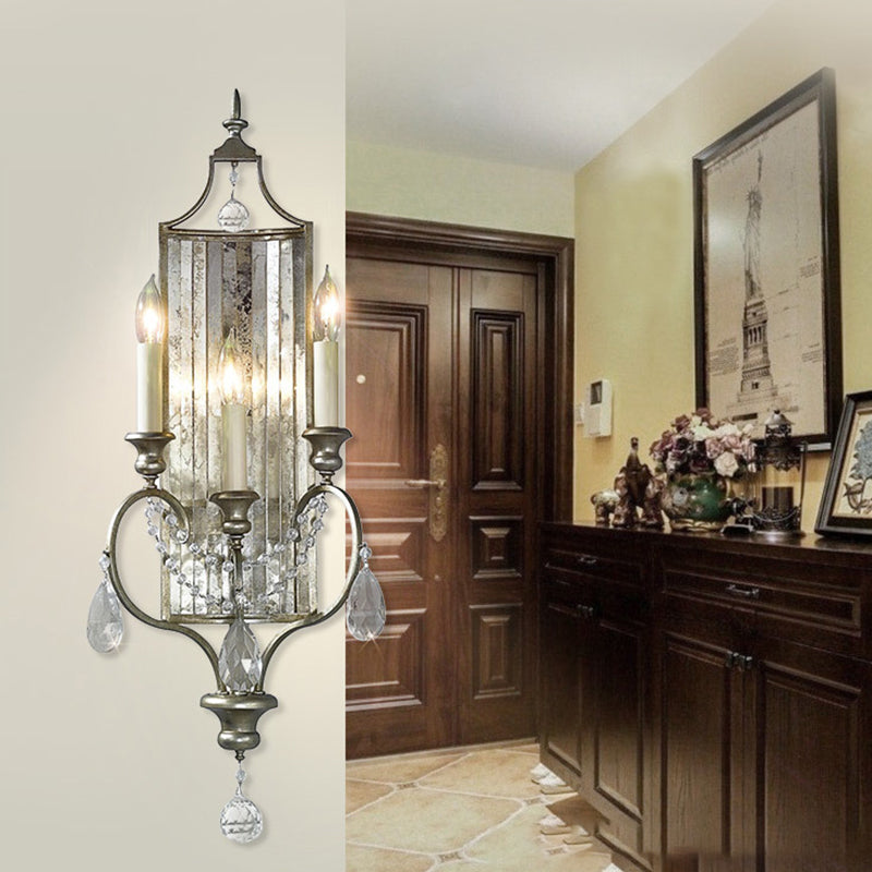Silver Candelabrum Light Light Country Metal 3-Light Bedroom Wall Mount Mount Éclairage avec Crystal Drop