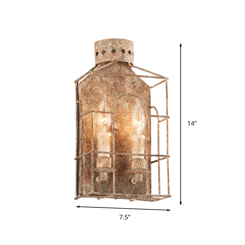 Country Candle Sconce Light Fixture 2-Bulb Metal Wall Mount Lighting in Rust for Indoor with Cage