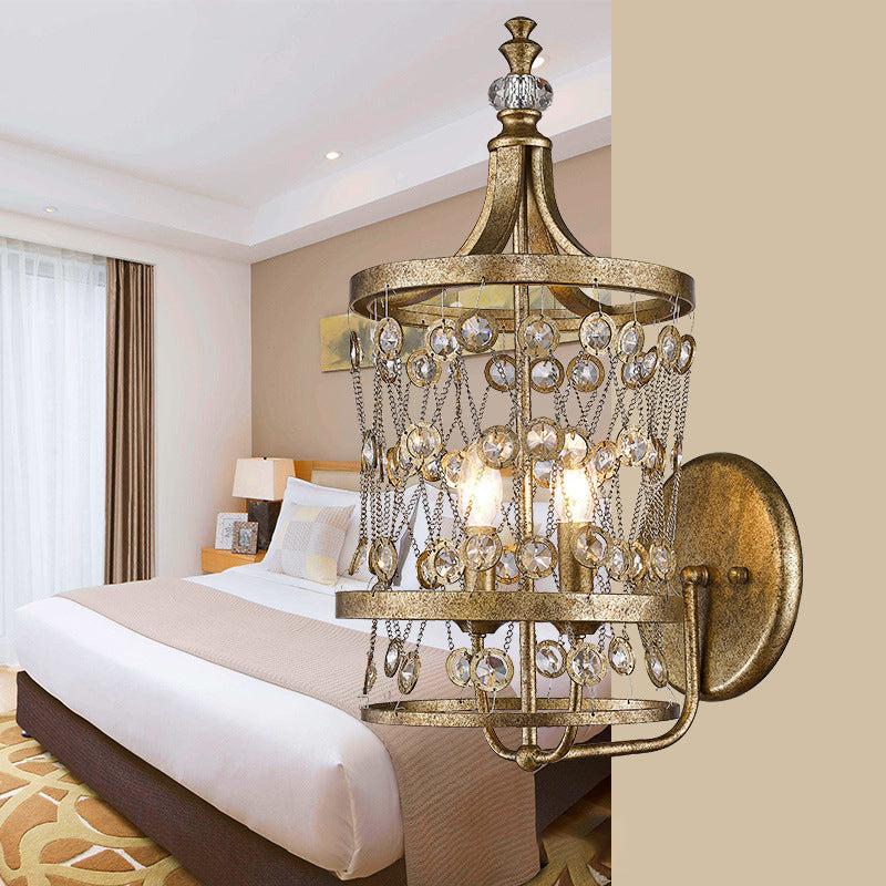 2 Lights Cascading Sconce Lamp Country Style Brass Crystal Wall Mounted Light for Bedroom