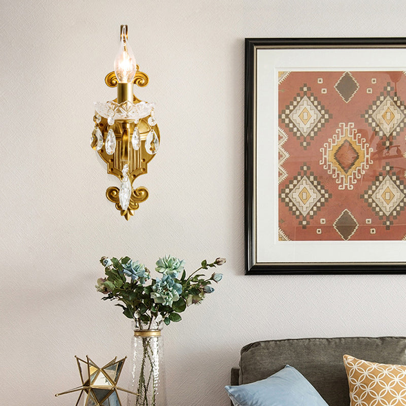 1/2 Lights Metal Wall Lamp Vintage Gold Candle Living Room Sconce Light Fixture with Crystal Draping