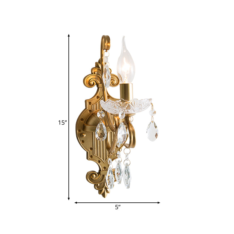 1/2 Lights Metal Wall Lamp Vintage Gold Candle Living Room Sconce Light Fixture with Crystal Draping