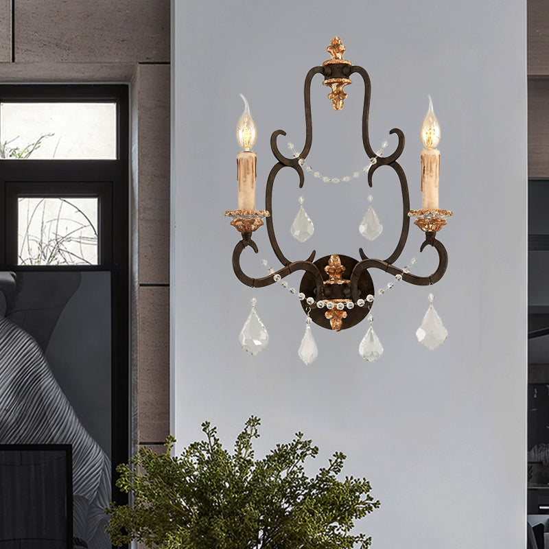 Black 2 Lights Sconce Light Rustic Metal Candle Mur Mury Lighting pour le salon avec décoration en cristal transparent