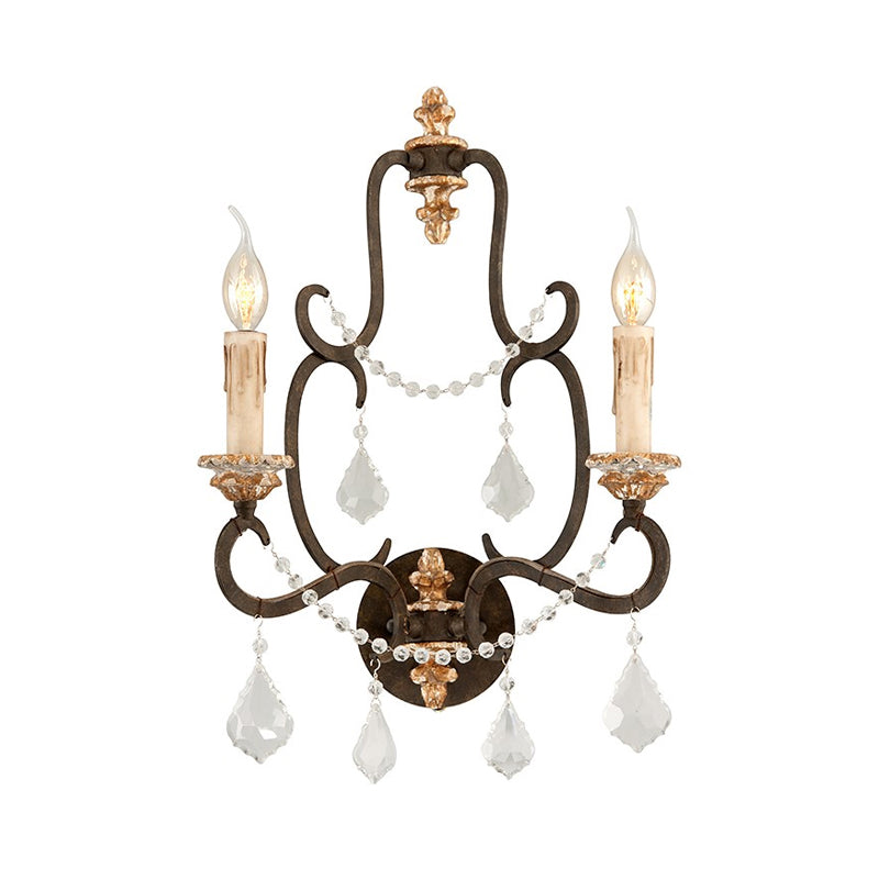 Black 2 Lights Sconce Light Rustic Metal Candle Mur Mury Lighting pour le salon avec décoration en cristal transparent