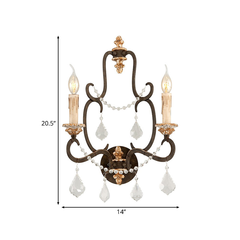 Black 2 Lights Sconce Light Rustic Metal Candle Mur Mury Lighting pour le salon avec décoration en cristal transparent