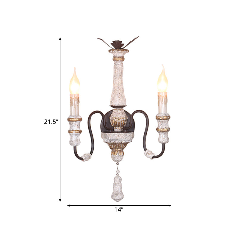 Solid Wood Candle Sconce Lighting Antique Style 2-Light Bedroom Wall Mounted Lamp in White