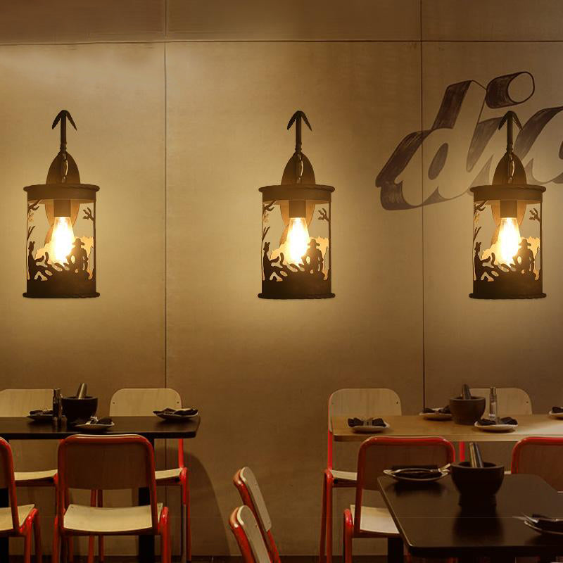 Country Lantern Sconce Fixture 1 Éclairage mural métallique en métal Bulbe en noir pour restaurant avec motif animal sauvage
