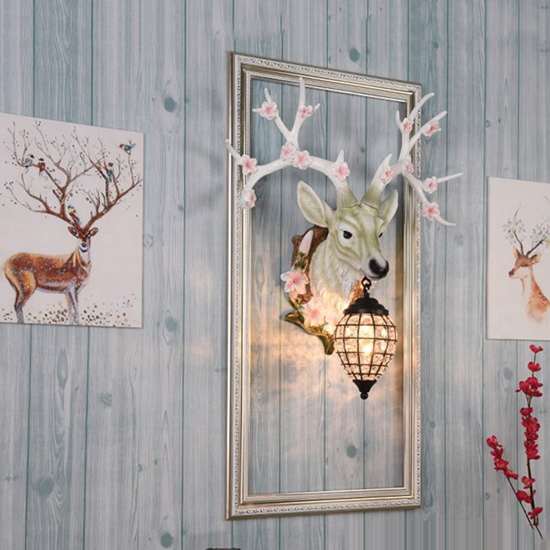 1 Light Resin Wall Lighting Country White/Yellow/Brown Deer Living Room Sconce Light Fixture with Teardrop Crystal Shade