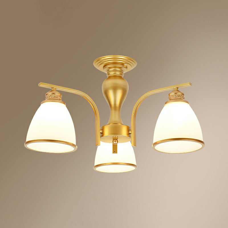 Goud afwerking bell semi spoel kroonluchter traditionele opaalglazen slaapkamer plafond gemonteerd licht