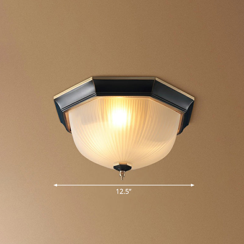 Hemisphere Flush Mount Lighting Retro White Ribbed Glass Ceiling Fixture for Hallway