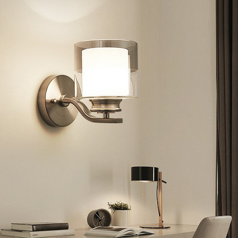 Dual Glass White Wall Sconce Cylindrical 1 Head Minimalistic Wall Mount Lamp for Bedroom
