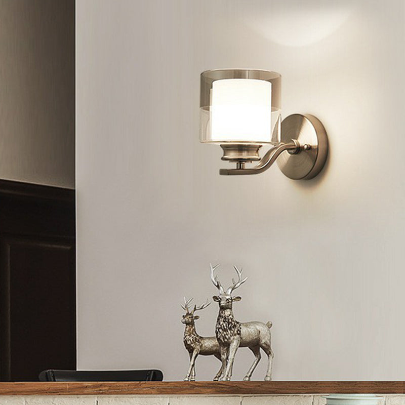 Dual Glass White Wall Sconce Cylindrical 1 Head Minimalistic Wall Mount Lamp for Bedroom