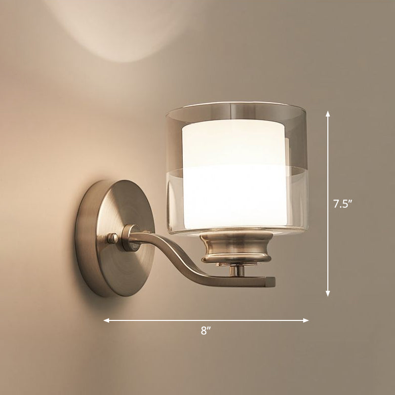 Dual Glass White Wall Sconce Cylindrical 1 Head Minimalistic Wall Mount Lamp for Bedroom