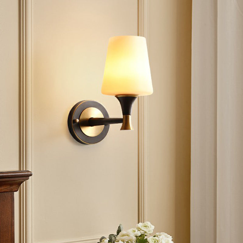 Conical White Glass Wall Lighting Minimalist 1 Bulb Bedside Sconce Fixture in Black and Brass