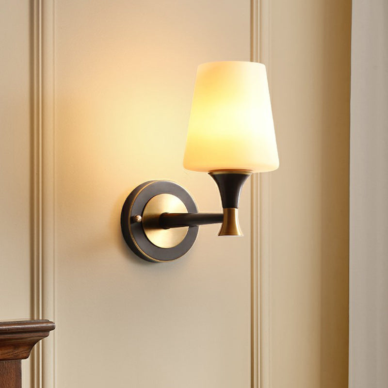 Conical White Glass Wall Lighting Minimalist 1 Bulb Bedside Sconce Fixture in Black and Brass