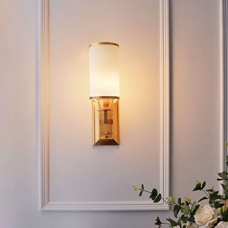 1-Light White Glass Wall Sconce Traditional Brass Cylindrical Dining Room Wall Mount Light