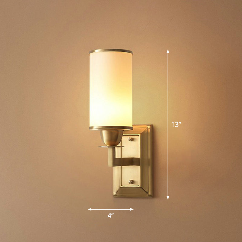 1-Light White Glass Wall Sconce Traditional Brass Cylindrical Dining Room Wall Mount Light