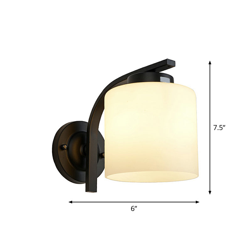 Luz de pared de cilindro de vidrio blanco Simplicidad 1 Lámpara de apliques de sala de estar de cabeza en negro