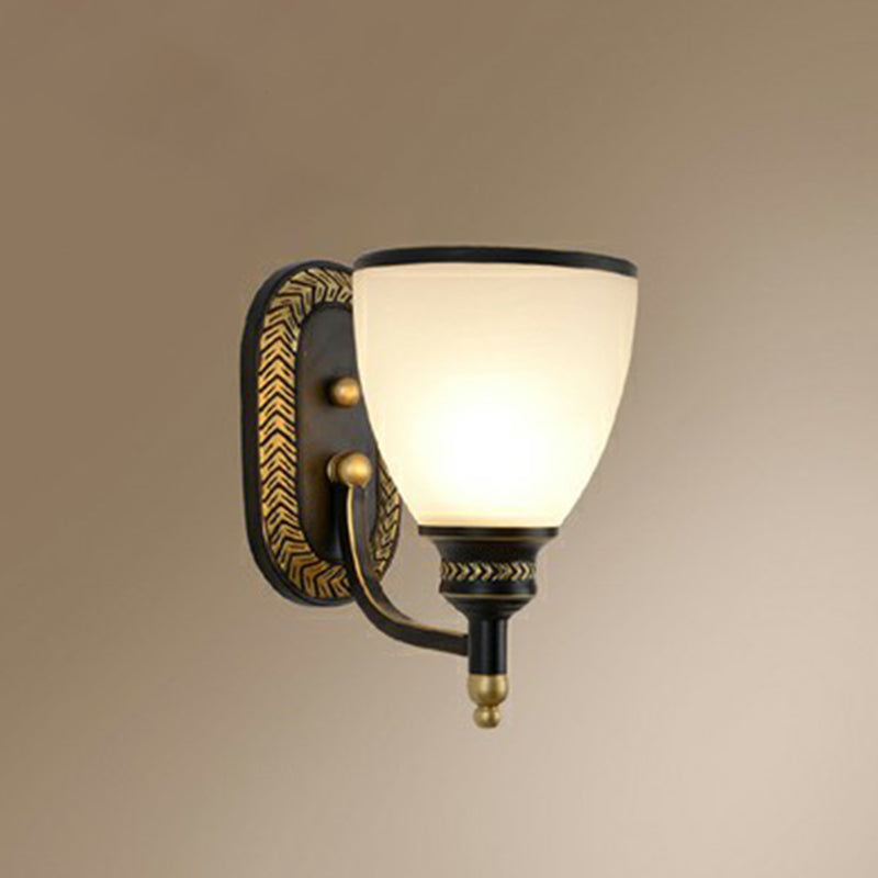 Vintage Bell Wall Sconce Lighting Opal Glass Wall Mounted Lamp in Black for Corridor