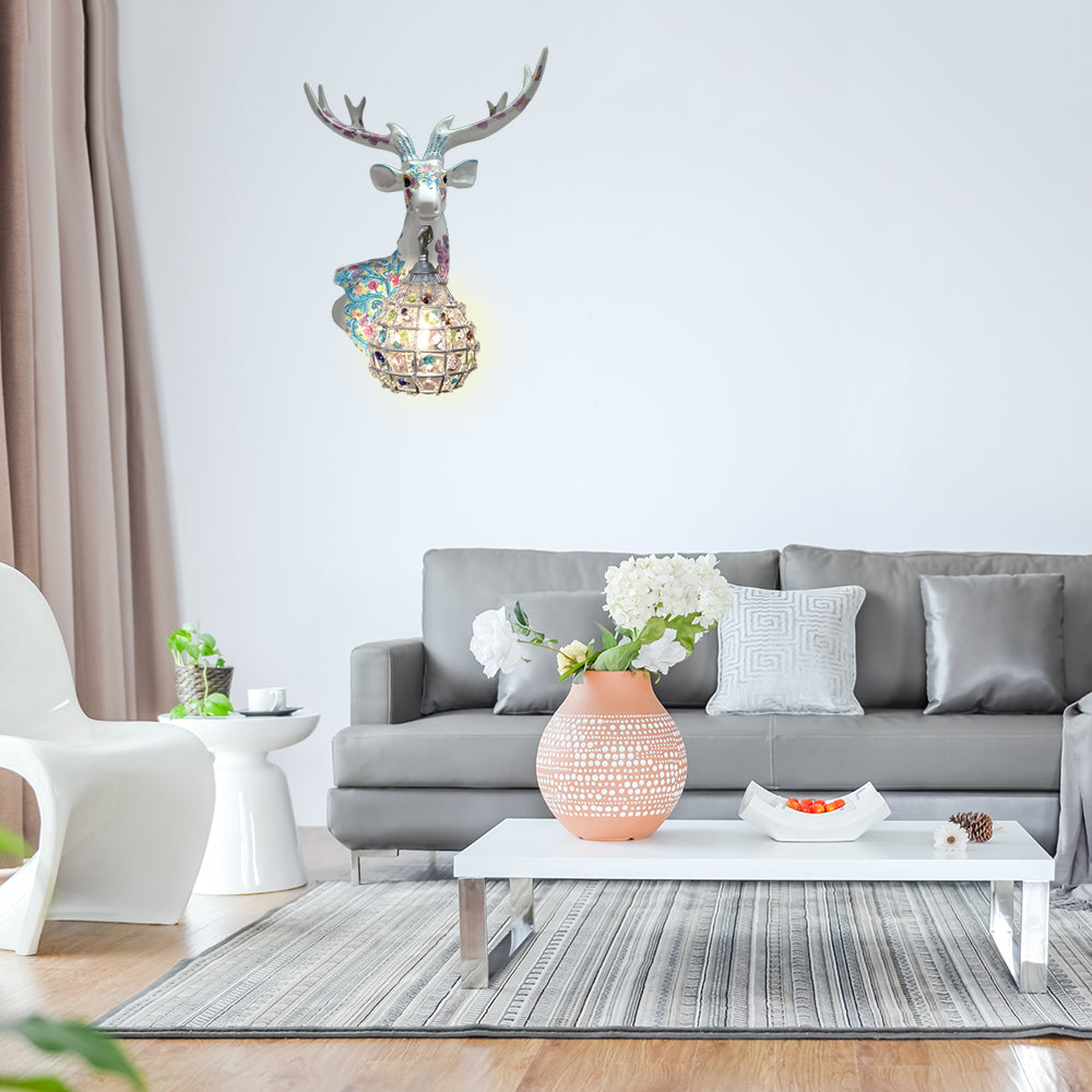 Application de cerf traditionnelle 1 Éclairage mural en résine lumineuse en noir / rose / jaune pour chambre avec une nuance de cristal de gouttelettes, droite / gauche