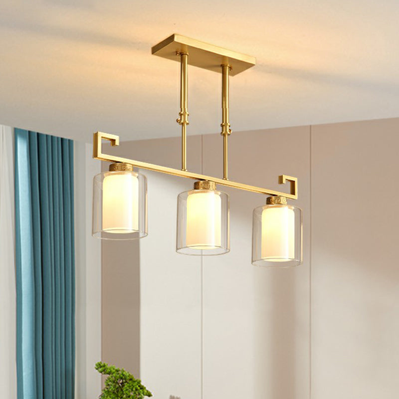 Brass 3-Light Island Lamp Traditional Clear and Frosted Glass Cylindrical Suspension Light