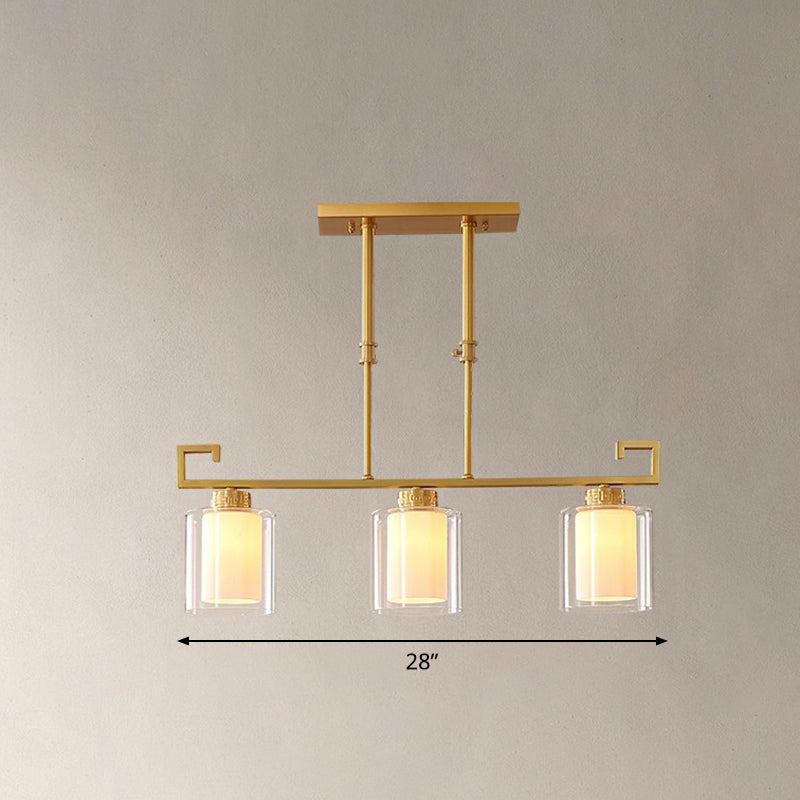 Brass 3-Light Island Lamp Traditional Clear and Frosted Glass Cylindrical Suspension Light
