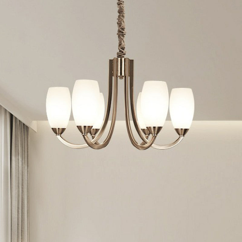 Nickel Finish Swoop Arm Chandelier Simplicity Metal Bedroom Pendant Light with Oval White Glass Shade