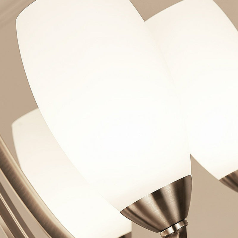 Nickel Finish Swoop Arm Chandelier Simplicity Metal Bedroom Pendant Light with Oval White Glass Shade