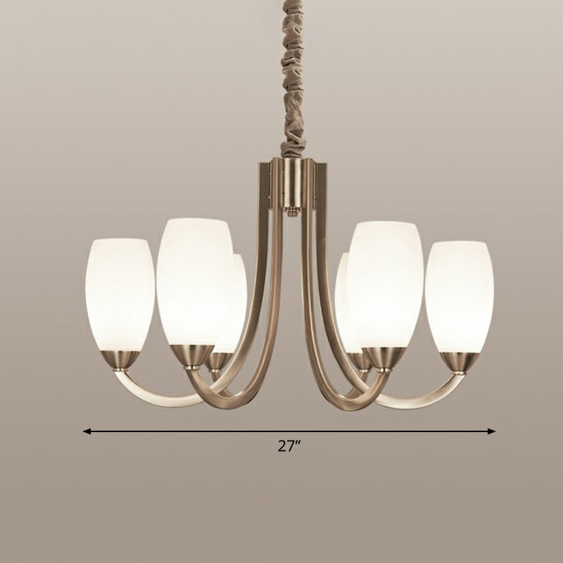 Nickel Finish Swoop Arm Chandelier Simplicity Metal Bedroom Pendant Light with Oval White Glass Shade