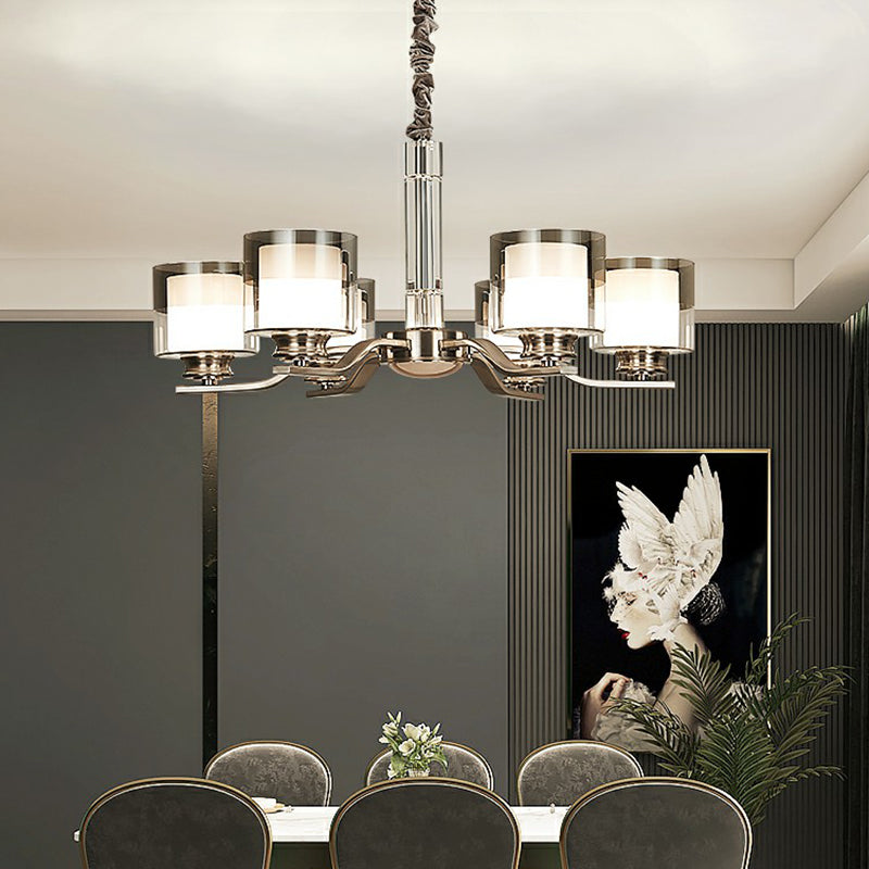 Cylindrical Restaurant Chandelier Frosted and Smoke Grey Glass Modern Hanging Light in Chrome