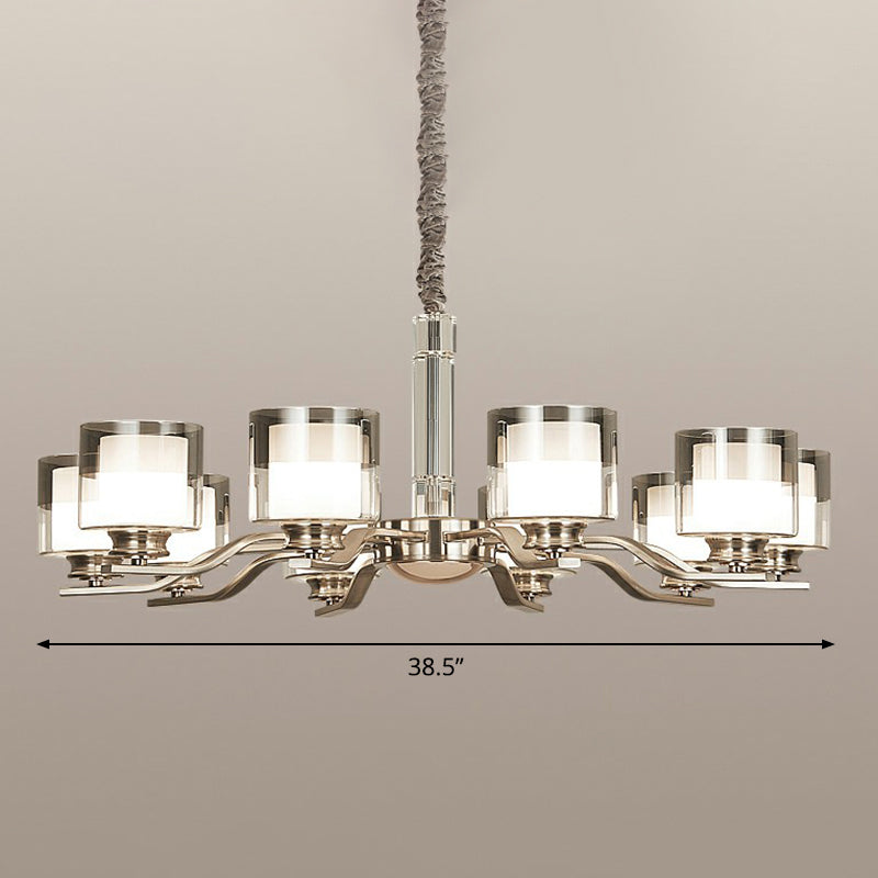 Cylindrical Restaurant Chandelier Frosted and Smoke Grey Glass Modern Hanging Light in Chrome
