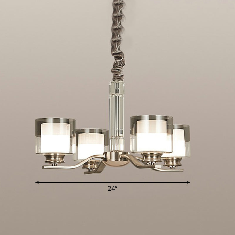 Cylindrical Restaurant Chandelier Frosted and Smoke Grey Glass Modern Hanging Light in Chrome