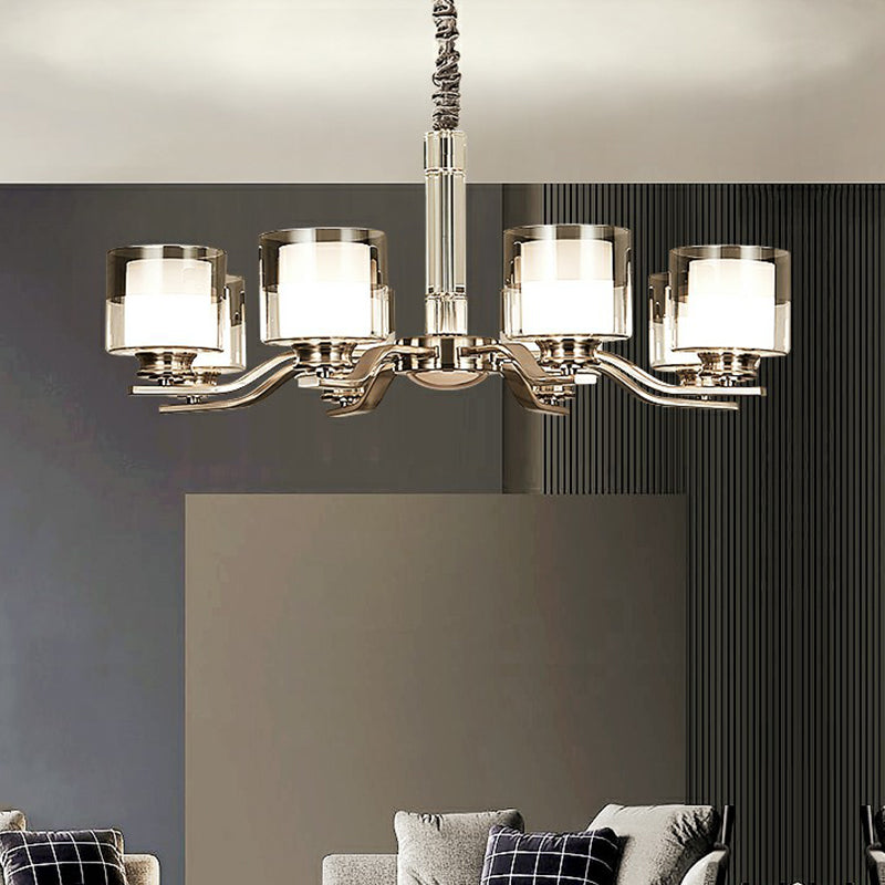 Cylindrical Restaurant Chandelier Frosted and Smoke Grey Glass Modern Hanging Light in Chrome