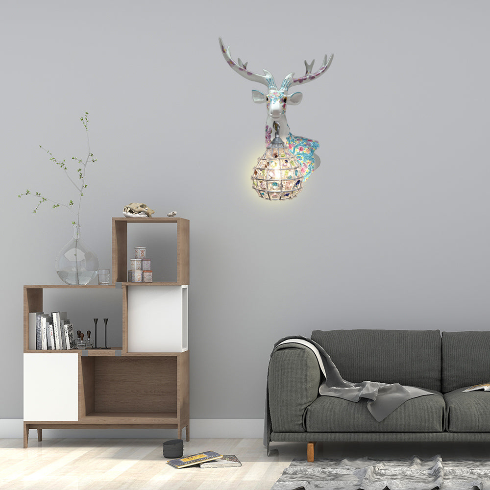Application de cerf traditionnelle 1 Éclairage mural en résine lumineuse en noir / rose / jaune pour chambre avec une nuance de cristal de gouttelettes, droite / gauche